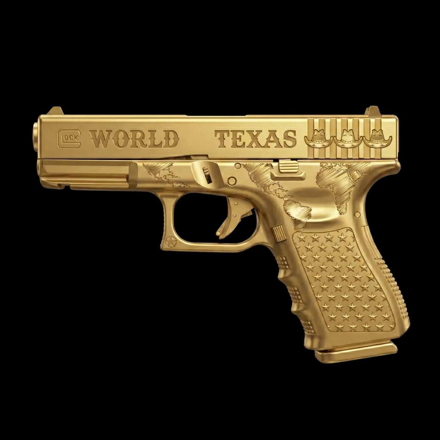 Pistola Glock dourada com gravação World Texas